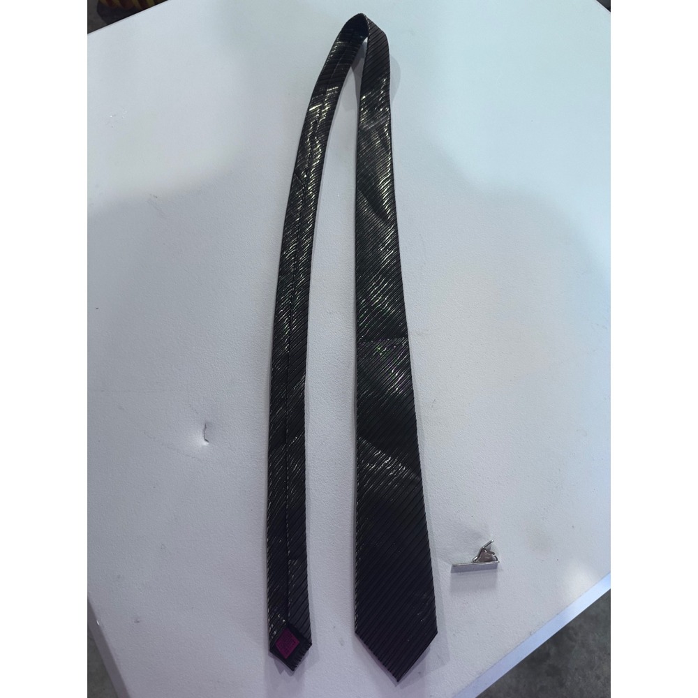 Alfani Mens Metallic Grey Black Ribbed Textured Slim Necktie with Tie Clip